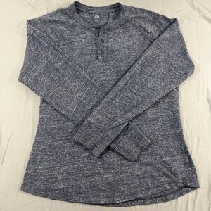 GAP Henley Shirt Men Large Blue Space Dye Cotton Casual Raglan Sleeve Curved Hem